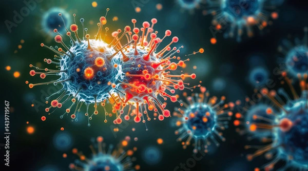 Fototapeta Cancer immunotherapy concept showing virus cell structure and immune response in microscopic view