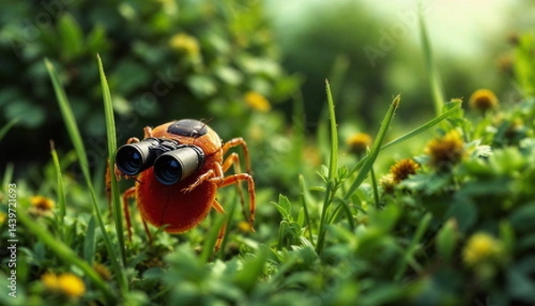 Fototapeta Insect with binoculars exploring a lush green environment during daylight