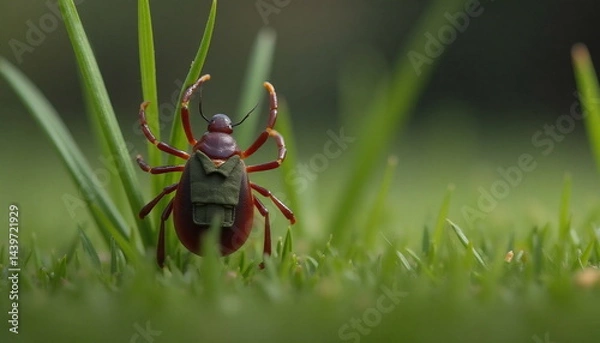 Fototapeta Close-up view of a tick on grass with a detailed focus on its body and natural environment during a sunny day