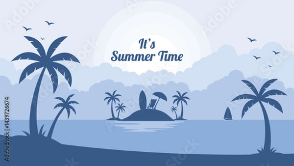 Obraz Tropical Beach Sunset Panorama with Palm Trees, Surfboard, Sailboat, and Chair – Summer Vacation Landscape Flat Vector Illustration