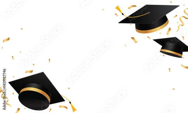 Fototapeta Flying graduation cap with golden confetti. School, college or university celebration frame template. Graduation congratulation element design. Vector illustration