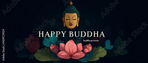 Fototapeta elegant, dark happy buddha purnima banner with text and buddhism traditional decor over black panoramic background; easy to rescale to mobile / web sizes