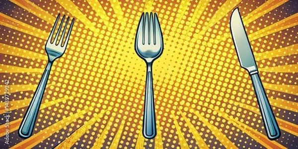 Fototapeta A Vibrant Pop Art Design Featuring a Fork, Knife, and Spoon Set Against a Dynamic Yellow and Brown Background