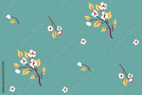 Fototapeta Seamless floral pattern, minimalist ditsy print with small flowers branches. Cute botanical design of hand drawn plants, small flowers, leaves, twigs abstractly on blue field. Vector illustration.