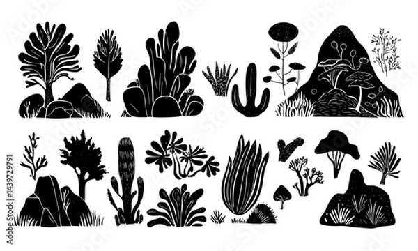 Fototapeta Set of black and white vector surreal contemporary minimal linocut style nature. Hand drawing minimal symbols and nature.	