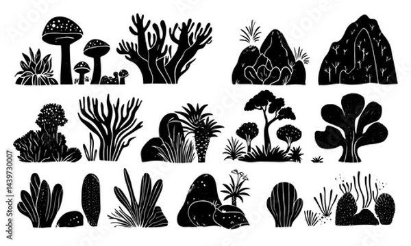 Fototapeta Set of black and white vector surreal contemporary minimal linocut style nature. Hand drawing minimal symbols and nature.	