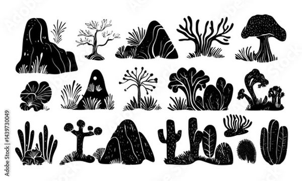 Fototapeta Set of black and white vector surreal contemporary minimal linocut style nature. Hand drawing minimal symbols and nature.	