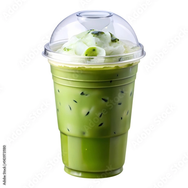 Fototapeta Refreshing Matcha Green Tea Latte in Plastic Cup on Transparent  background
