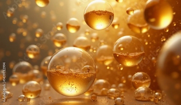 Obraz Gold bubble liquid oil essence. Cosmetic oil essence molecules. Vitamin serum background