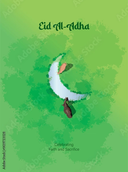 Fototapeta Eid Al Adha Mubarak illustration banner with moon shaped cow filed. Al Adha Mubarak Muslim celebration day banner design