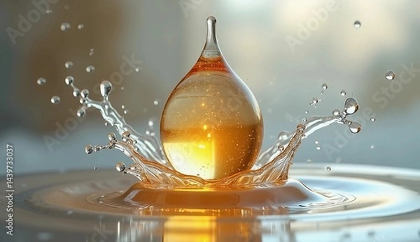 Obraz Cosmetic oil essence, Golden liquid oil drop on water, moisturizer oil essence background