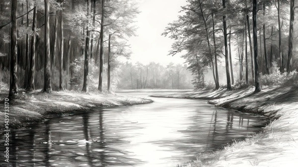 Fototapeta Monochrome Forest River Scene