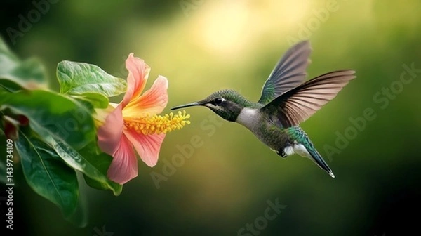 Fototapeta A tiny hummingbird hovering near a tropical beach flower, drinking nectar, colorful and detailed,