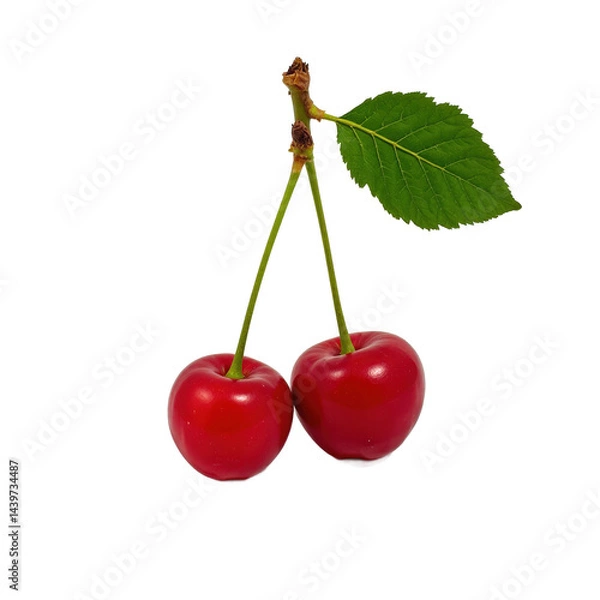 Fototapeta Two fresh cherries with green leaves on a transparent background.
