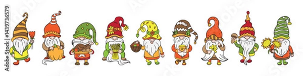 Fototapeta Doodle gnomes. Hand drawn garden dwarf with autumn decor. Scandinavian style gnome hold pumpkin mushroom harvest basket, neoteric vector set