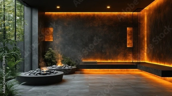 Fototapeta Modern spa lounge with fire pits and warm lighting; tranquil interior design