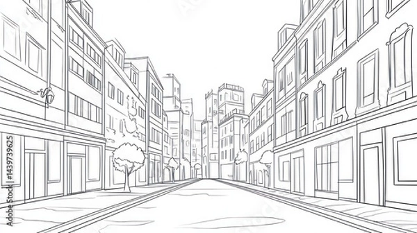 Fototapeta City street sketch, perspective view, buildings, empty, illustration, background, graphic, design