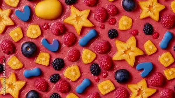 Fototapeta Vibrant and Colorful Fruit Smoothie Art with Various Fruit Shapes and Textures
