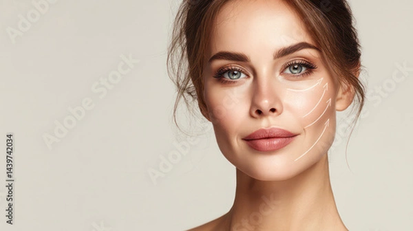 Obraz A beautiful woman's portrait showcases flawless facial skin, accompanied by arrows indicating skin lifting, symbolizing cosmetology's pursuit of elastic and youthful skin