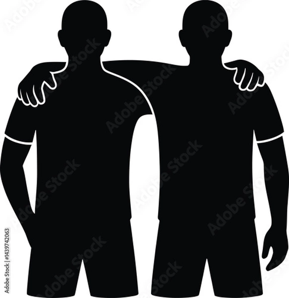 Fototapeta Two friends silhouette with arms around each other depicting unity support and camaraderie in a black and white isolated vector