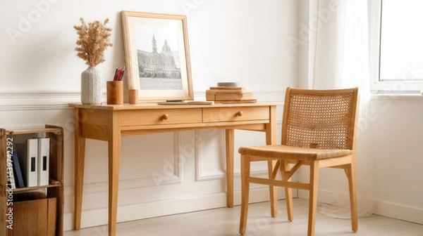 Obraz A stylish wooden desk with chair and decorative plant, creating a modern workspace in a minimalist setting.
