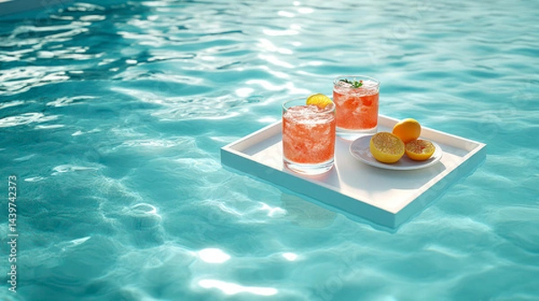 Fototapeta A refreshing summer drink with fruit and flowers floating in a pool.