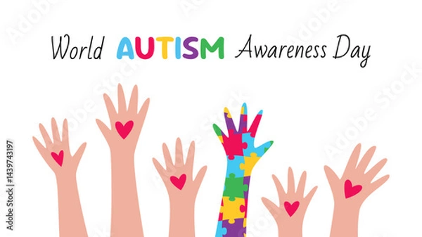 Obraz World Autism Awareness Day horizontal banner with lots of hands and one hand with puzzle pattern. Vector illustration of event web banner design