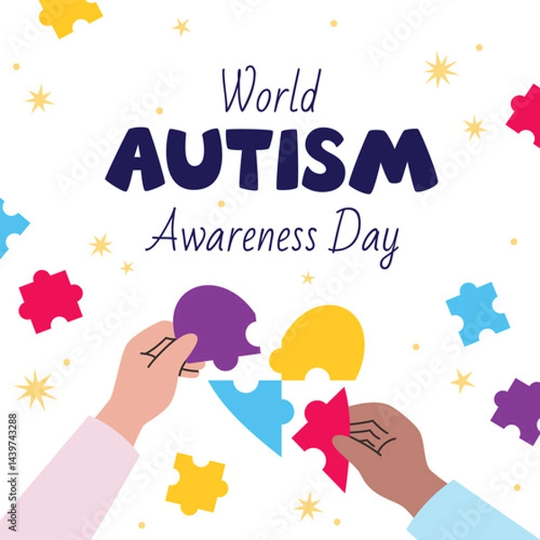Fototapeta World Autism Awareness Day square banner with colorful puzzle heart and hands putting the puzzle together. Vector illustration event web banner design