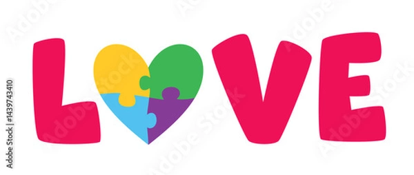Fototapeta Word Love with a Heart like a colorful puzzle. Lettering for World Autism Awareness Day. Vector illustration on a white background