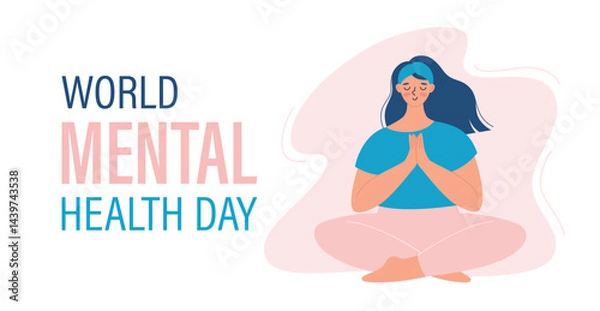Fototapeta World Mental Health Day horizontal banner with a girl meditating in a lotus pose. Vector illustration of event web banner design