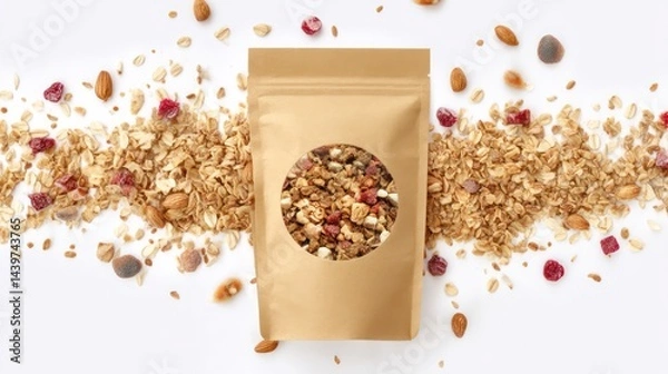 Obraz Top-down view of a kraft paper bag filled with granola and mixed nuts