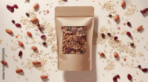 Obraz Top-down view of a kraft paper bag filled with granola and mixed nuts