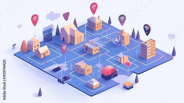 Obraz Isometric City Map with Wireless Signals and Smart Buildings in Modern Urban Landscape
