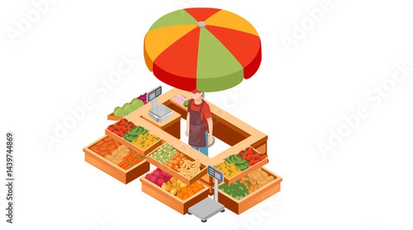 Fototapeta Collection of market stand with colorful umbrella. Produce display kiosk with fruit and vegetable. Outdoor farmers market. Retail food stand with multi-colored canopy. Vector illustration isolated