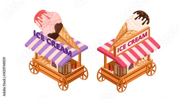 Fototapeta Isometric set of ice cream carts. Mobile food stands with decorative ice cream cone toppers. Vending kiosks with striped awnings. Portable ice cream shops. Vector illustration isolated on white