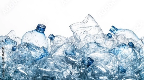 Fototapeta A dramatic, ultra-high-resolution studio photograph of crushed plastic bottles arranged in a chaotic pile