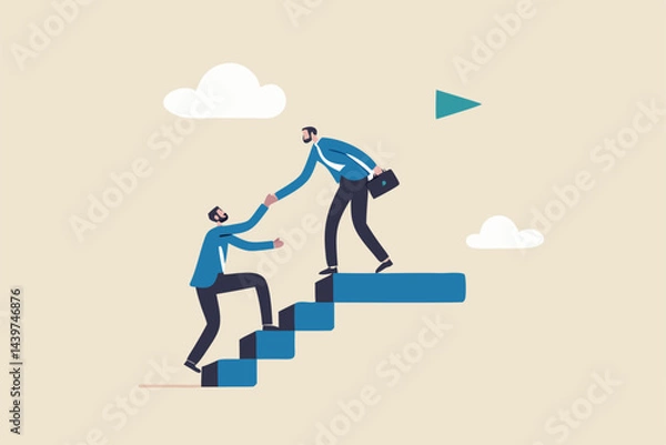 Fototapeta Business mentor or leadership help colleague to succeed and reach goal achieve target, mentorship, support or help career success, businessman leader help employee climb to target at top of stair.