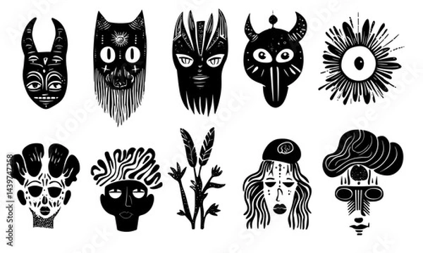 Fototapeta Set of black linocut style vector surreal contemporary faces mask characters, weird, weirdo, face, head