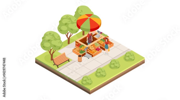 Fototapeta Isometric tile park layout with market stand. Food kiosk with colorful umbrella. Urban green space with vendor. City park with food service. Vector illustration isolated on white background