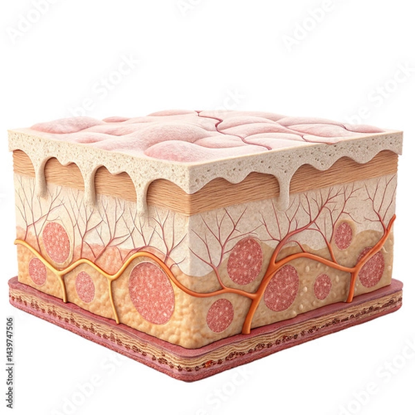 Fototapeta Saggy skin layer and skin cells, 3D rendering isolated on white background.