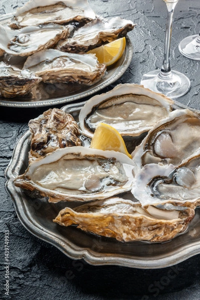 Fototapeta Fresh raw oysters on ice with lemon, on a black slate background. French restaurant, fine dining