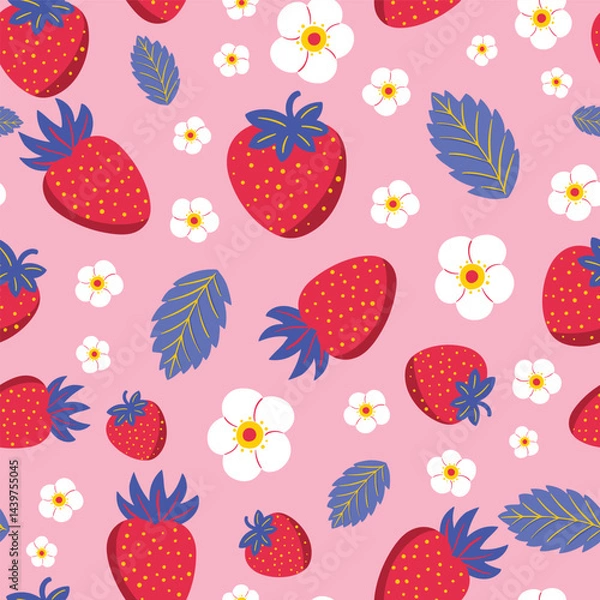 Fototapeta Botanical strawberry vector repeat pattern on pink background