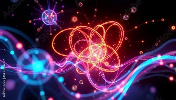 Fototapeta Intricate 3D Neon Biotech Illustration with Red Orange Swirls Blue Purple Lines and Spherical Nodes against Dark Backdrop Creates Futuristic Technology Concept