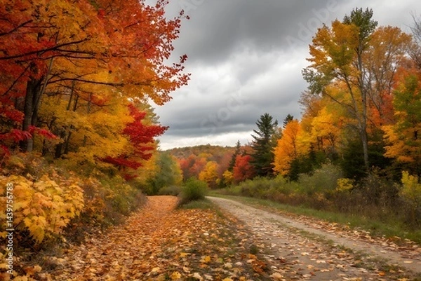 Fototapeta Autumn landscape with vibrant fall foliage, colorful trees lining a dirt path covered in fallen leaves, capturing the beauty of the fall season with dramatic skies.