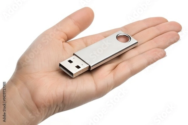 Fototapeta Close-up of a person holding a silver USB flash drive, ideal for digital storage, tech accessories, and data transfer solutions.