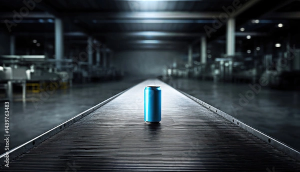 Fototapeta A solitary blue soda can rests on a conveyor belt in a vast industrial setting, symbolizing the journey from production to consumer.