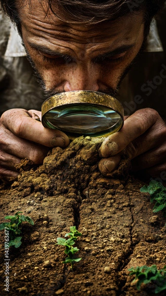 Fototapeta A man examines the earth closely through a magnifying glass, revealing intricate details of soil and budding plants, highlighting the connection between nature and meticulous observation.