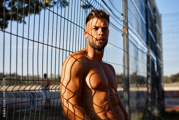 Obraz Shirtless sportsman relaxing after workout leaning against a metal fence with the shadows projected on his muscular body
