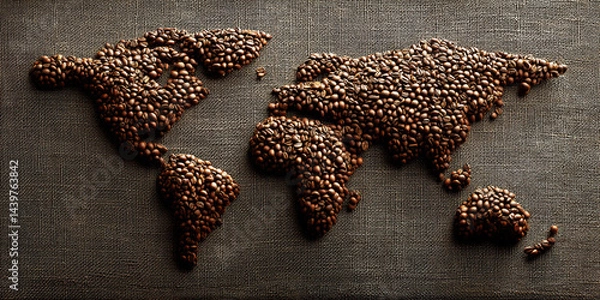 Fototapeta Explore a mesmerizing coffee-inspired map, showcasing continents formed from rich coffee beans, inviting coffee lovers to celebrate the global passion for this beloved beverage.