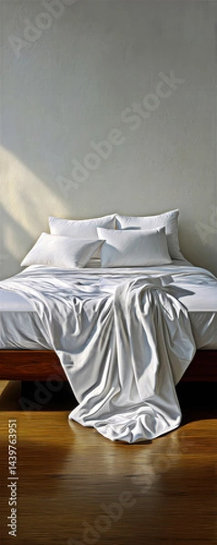 Fototapeta This serene image captures a beautifully made bed with crisp white linens and soft pillows, evoking a sense of calm and comfort in a minimalist bedroom setting.